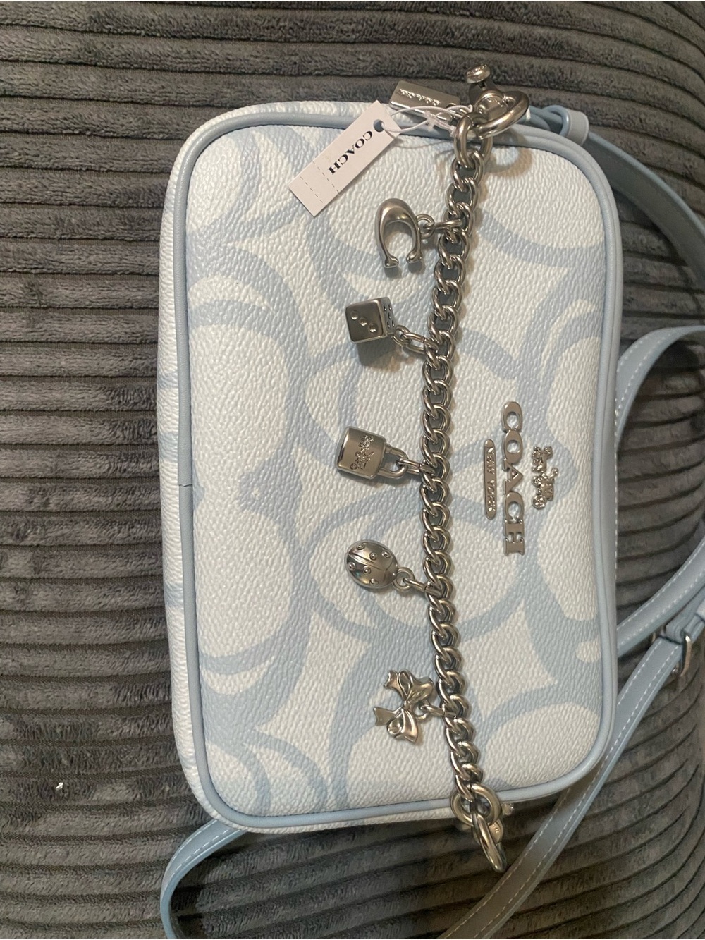 Coach Light Blue and White Signature Charm Crossbody